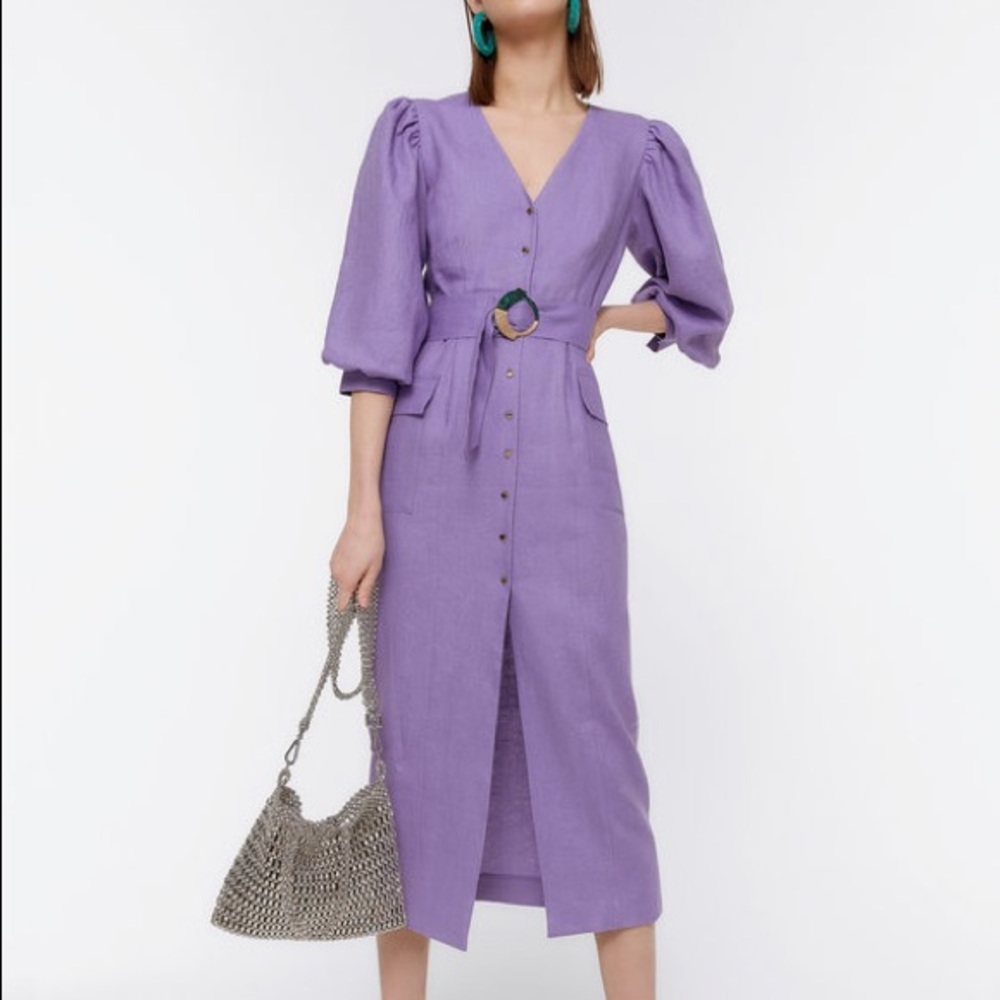 UTERQUE Puff Sleeve Linen Cotton Statement Dress